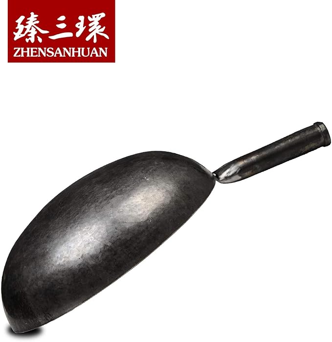 ?삡툒??ZhenSanHuan Chinese Hand Hammered Iron Woks and Stir Fry Pans, Non-stick, No Coating, Carbon Steel Pow (34CM, Silver - Not Seasoned)