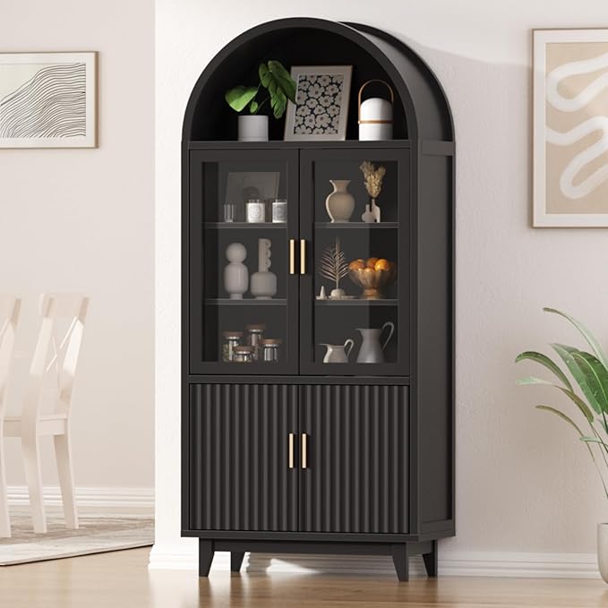 Kitchen Pantry Cabinet with Glass Doors - Arched Design, Solid Wood Legs, Artistic Fluted Door, Adjustable Shelves, 70.8" Curved Storage Cabinet for Kitchen, Dining Room