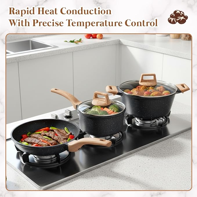 20 Pcs Pots and Pans with Silicone Kitchen Utensils Set Non Stick Cookware Granite Cooking Kitchen Spatula Set with Holder(Black)