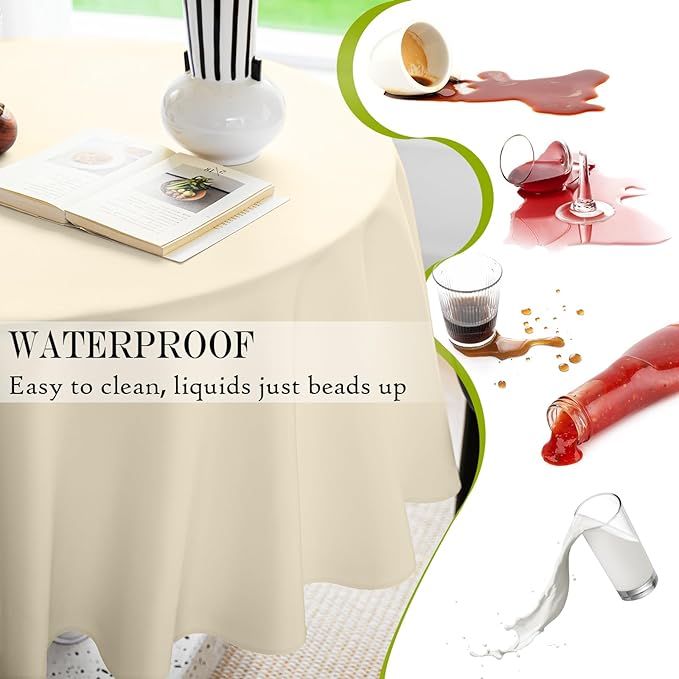 BYDOLL Table Cloth 60 Inch Round Tablecloth Fits Max50 Inch Diameter Table Top,Beige Polyester Washable Wrinkle-Free Spillproof Tablecloth for Party Patio Cover