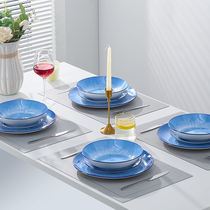 Bestone Porcelain Dinnerware Sets Service for 4, 12 pcs Hand drawn Plates and Bowls Sets, Handmade Ceramic Dish Set, Chip Resistant Modern Plate Set, Dishwasher/Microwave Safe竊똕tarburst blue