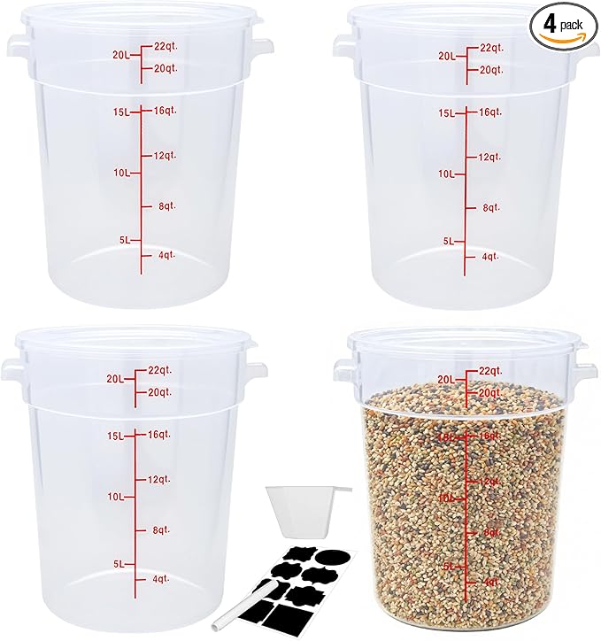 Round Food Storage Container with Lid, 22 Qt Translucent, Commercial 4 Pack of ??NSF Listed, BPA-Free, Polypropylene, Non-Stick, Scale, with Labels & Measuring Cups