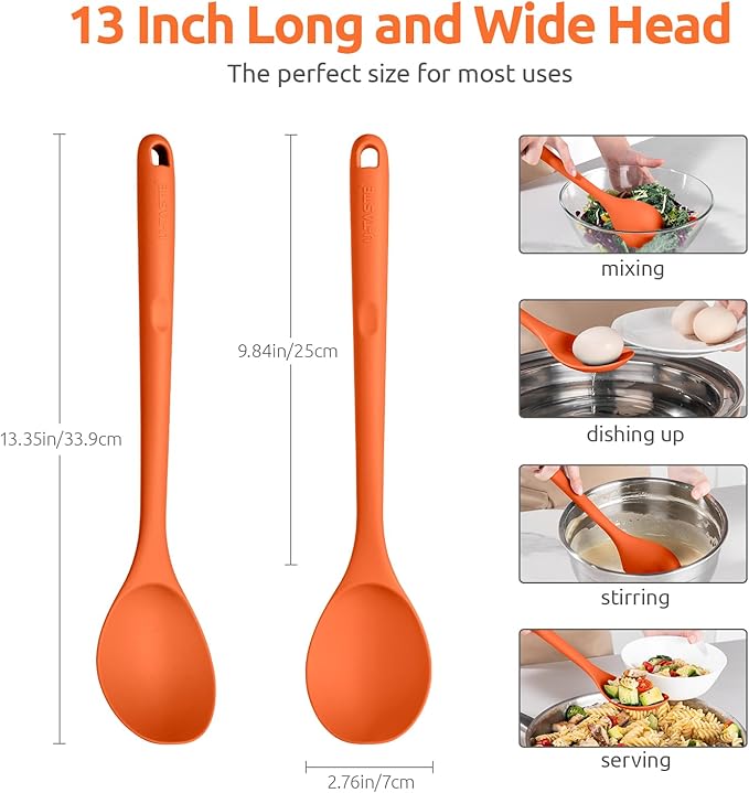 600쨘F Heat Resistant Silicone Spoon: U-Taste 13.3in Solid Kitchen Cooking Spoon, Nonstick Food Grade Large & Long Soup Rubber Utensil for Mixing, Serving, Stirring, Basting, for Pot Cookware (Orange)