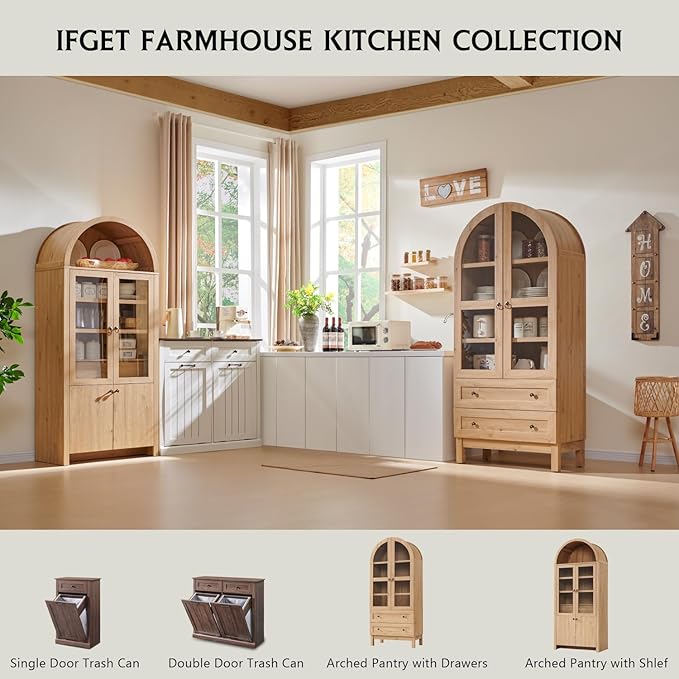 71" Tall Arched Kitchen Pantry, Modern Farmhouse Wood Kitchens Storage Cabinets with 2 Large Drawers and Adjustable Shelves, Versatile Cupboard for Kitchen, Dining Room, Bathroom, Natrual