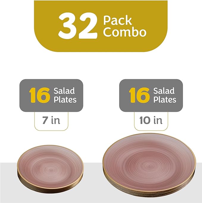 PLASTICPRO 32 Pieces Crystal Design Plastic Plates Combo Pack 16-7 inch and 16-10 inch with Gold Rim Elegant Disposable Plates, Rose Color with Gold Rim