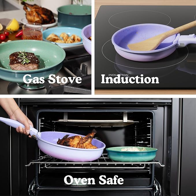 Ombr챕 Titanium Ceramic Cookware Set Non Toxic ??8 Pcs Non Stick Pots and Pans Set with Removable Handles, Magnetic Lid & Wooden Spatula for Cooking ??Oven & Dishwasher Safe (Catalina Blue)