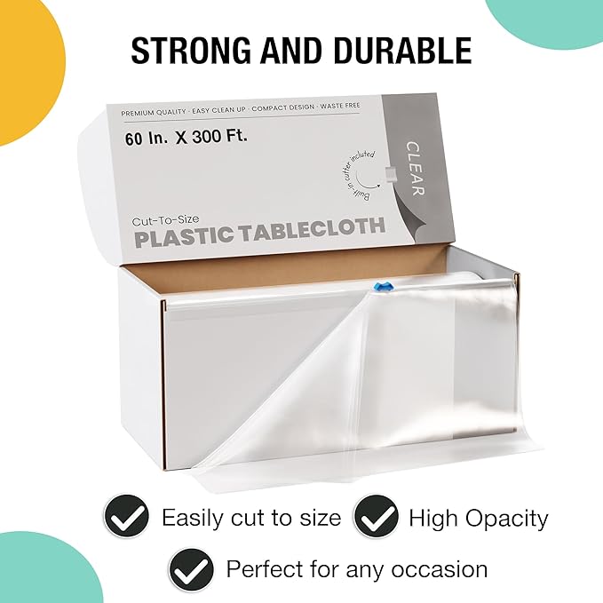 Party Solids 60 Inch X 300 Feet Clear Plastic Table Cover Roll in A Cut - to - Size Box with Convenient Slide Cutter. Cuts Up to 36 Rectangle 8 Feet Plastic Disposable Tablecloths