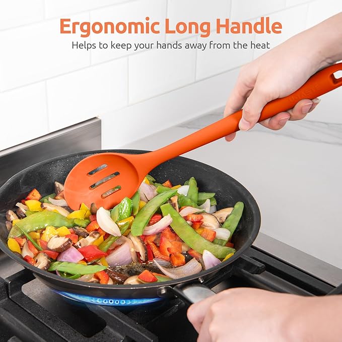 600쨘F Heat Resistant Silicone Spoons: U-Taste 13.3in Solid & Slotted Kitchen Cooking Spoon, Nonstick Long Rubber Utensil, Sturdy for Mixing, Serving, Stirring, Frying, Draining (Orange, 2PCS)