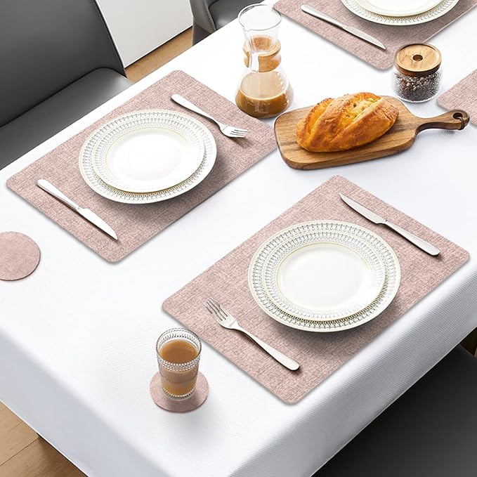 MOSAYT Faux Leather Placemats Set of 8, Heat Resistant Vinyl Place Mats with Coasters, Wipeable Washable Waterproof Oil Proof Table Mats for Kitchen Dining Indoor Outdoor, 12" x 17", Pink