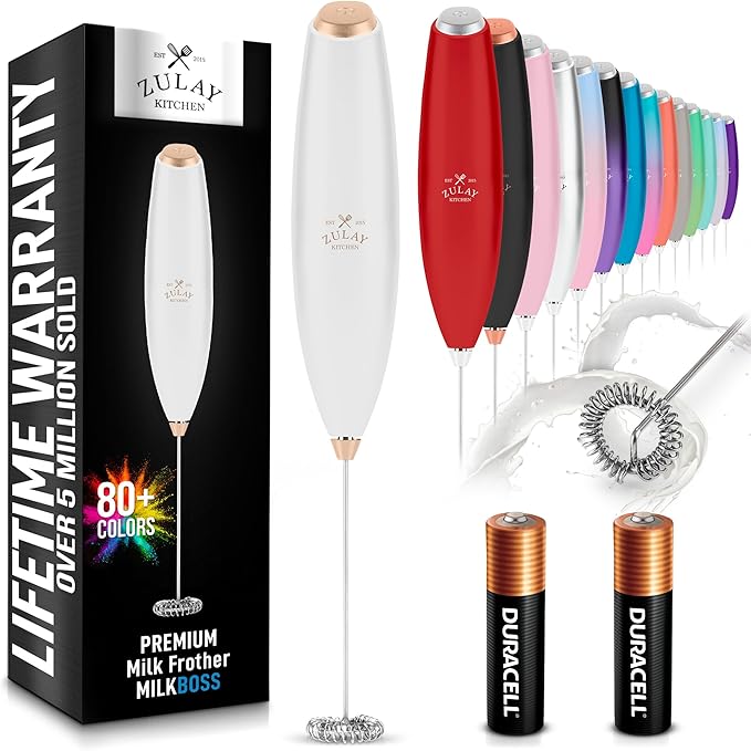 Zulay Kitchen Milk Frother Handheld Electric Whisk with AA Duracell Batteries ??Durable Drink Mixer for Coffee, Lattes, Cappuccinos & More - White Rose Gold