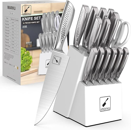 imarku 15-Piece Knife Set with Block, High Carbon Stainless Steel Kitchen Knives with Built-in Sharpener, Dishwasher Safe, Ergonomic Non-Slip Handle, Perfect for Home Cooks & Chefs, White