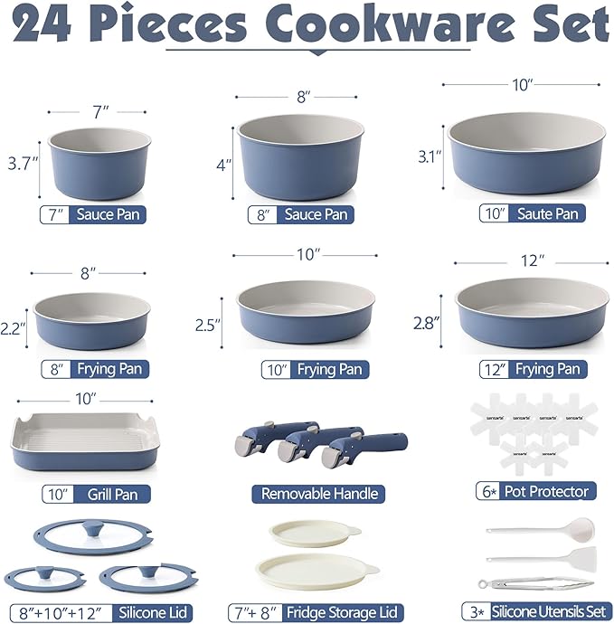 SENSARTE 24 Piece Ceramic Pots and Pans Set, Nonstick Detachable Handle Cookware, Induction Kitchen Cookware Set with Removable Handle, Healthy Non Stick for RV, Dishwasher竊냀ven Safe, PFOA Free (Navy)