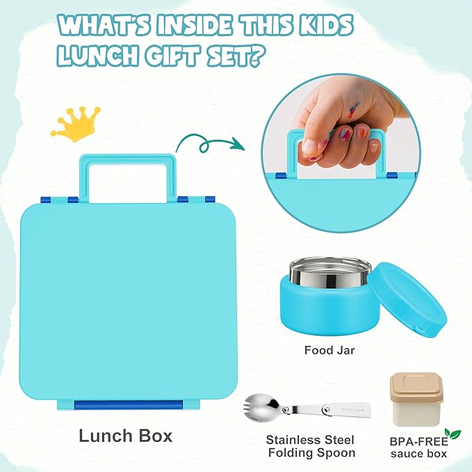 Aimsnk Kids Bento Lunch Box with 8oz Soup Thermo, Kids Leakproof Lunch Food Containers with 4 Compartment,Insulated Hot Food Jar with Lunch Bag for School, Travel (Blue-No lunch bag)