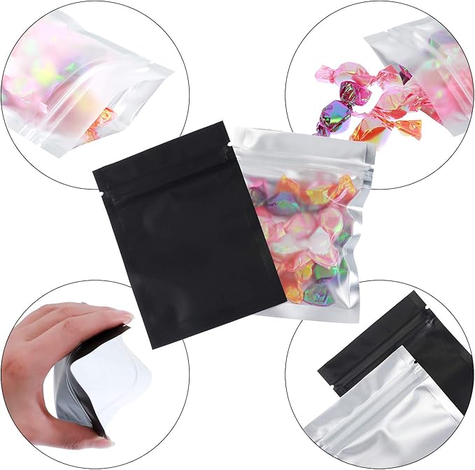 Blulu 100 Pieces Resealable Foil Proof Bags Scent Proof Flat Pouch Clear Smell Sealable Packing Bags Iridescent for Food Storage Snack Jewelry(3 x 4 Inches,Black)