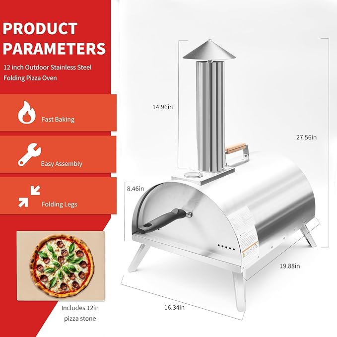 Rixordd 12" Wood Pellet Pizza Oven ??Portable Stainless Steel Outdoor Pizza Maker with Built-In Thermometer, Foldable Legs, Carry Handle & Cordierite Pizza Stone for Backyard, Patio & Camping