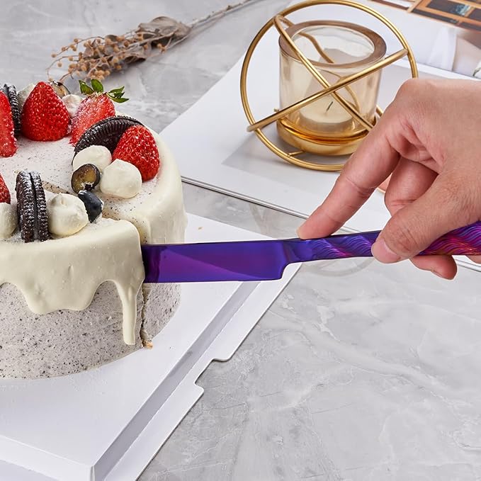 Purple Wedding Cake Knife and Server Set, Stainless Steel Cake Cutting Set, Cake Cutter and Pie Server for Wedding, Birthday, Party