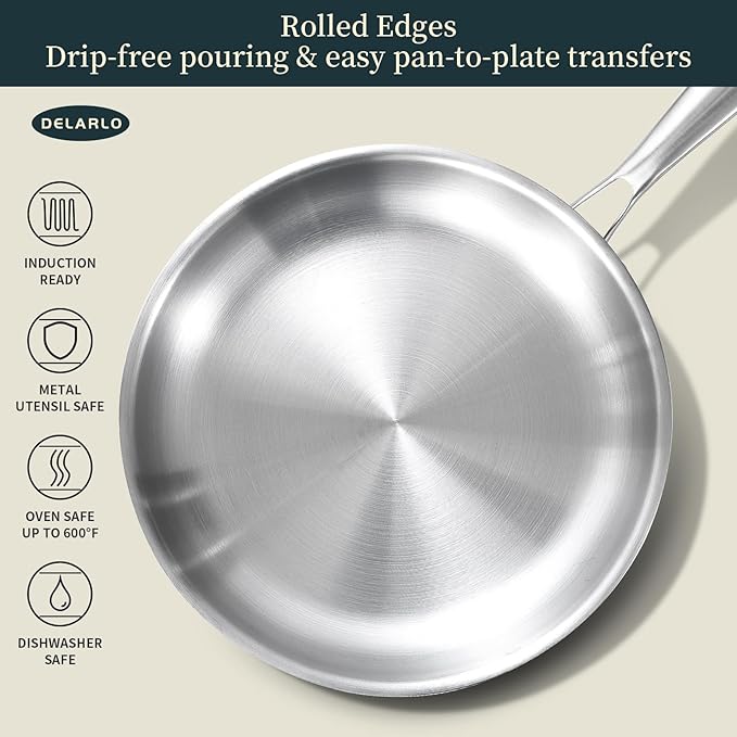 DELARLO Whole Body Tri-Ply Stainless Steel Frying Pan set, 8??10??12??Cooking pans, Kitchen Cookware Set, Fast Heating Chef's pan with Ergonomic Handles, Suitable for All Stove