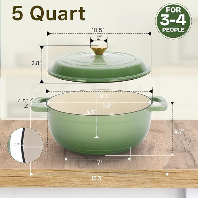 Bonnlo Round Dutch Oven, Enameled Cast Iron Dutch Oven Pot with Lid & Dual Handles, Oven Safe Up to 500째 F, for Sourdough, Bread Baking, Stews and Roasting (Green, 5 Quart)