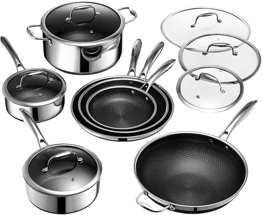 Honeycomb Non Stick Cookware Set 13 pcs Hybrid Cookware Set w/Lids pans cook pots Wok Kitchenware 3-ply Stainless Steel