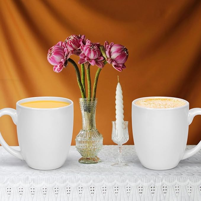 Schliersee 16 OZ White Porcelain Coffee Mugs Set of 6, Large Coffee Cups with Handle for Latte, Hot Tea, Coffee, Cappuccino, Cocoa, Milk, Water, espresso Porcelain Mug Cups, Microwave Safe