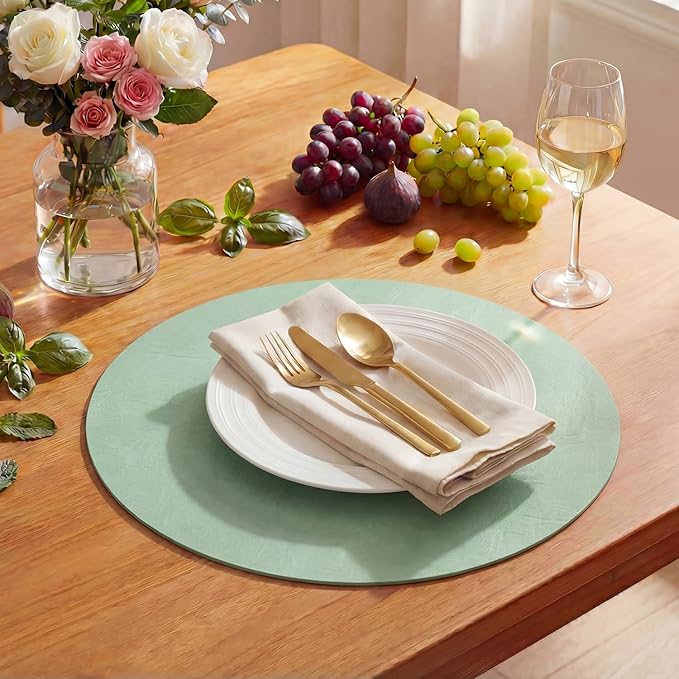 Artoid Mode Sage Faux Leather Placemats Set of 4, 15 Inch Waterproof Wipeable Heat Resistant Place Mats, Reversible Table Mats for Spring Kitchen Dining Decor