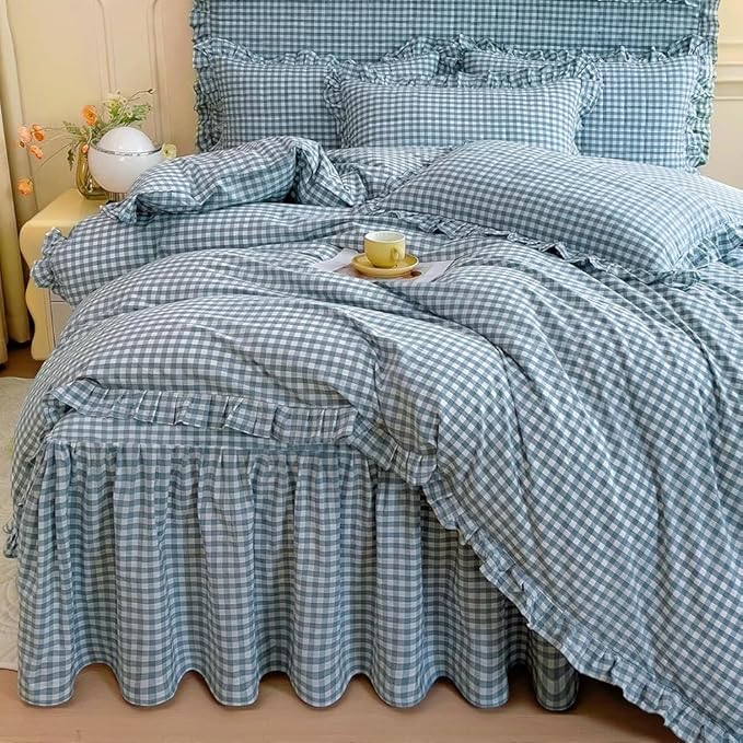 LifeTB Queen Comforter Set Blue Gingham Comforter Vintage Ruffle Plaid Checkered Pattern Comforter Set Queen Fluffy Soft Gingham Bedding Set Farmhouse Plaid Grid Bed Comforter with 2 Pillowcases