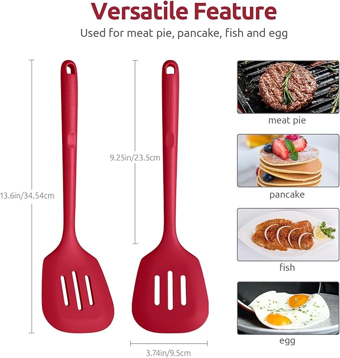 600쨘F Heat Resistant Slotted Turner: U-Taste 13.6in Silicone Kitchen Spatula Flipper, 3.74in Wide Food Grade Flexible Thin Rubber Cooking Utensil for Egg, Pancake, Cookie in Nonstick Cookware (Red)