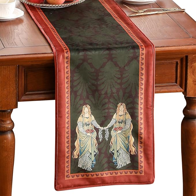 patdrea Designer Mysterious Oil Painting Figures Velvet Table Runner, Brown Green with Palm Frond Pattern Table Mat, Decoration for Kitchen Dining Coffee Table Cabinet Banquet Thanksgiving,12"*118"