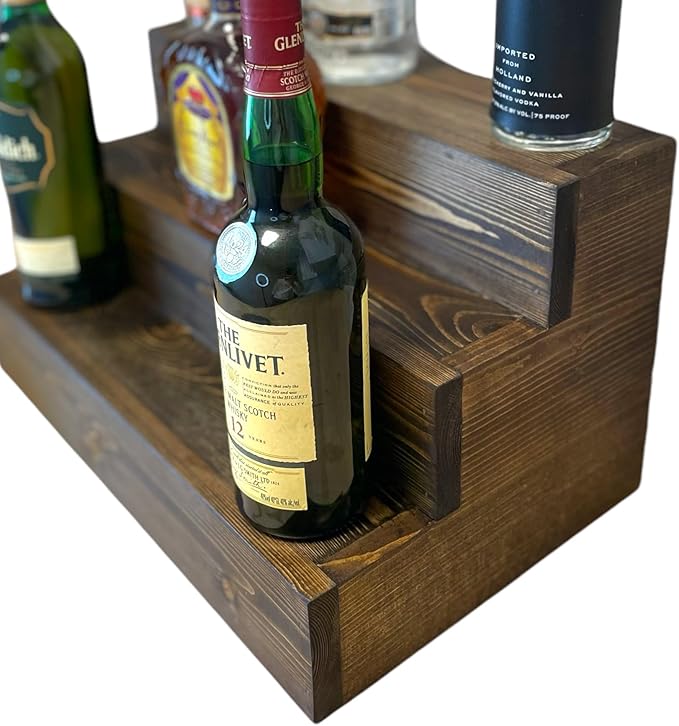 Handmade Tiered Display Shelving - Three Tier Bar Display - Bar Organizer - Liquor Bottle Display (42" with Back, Dark Walnut)