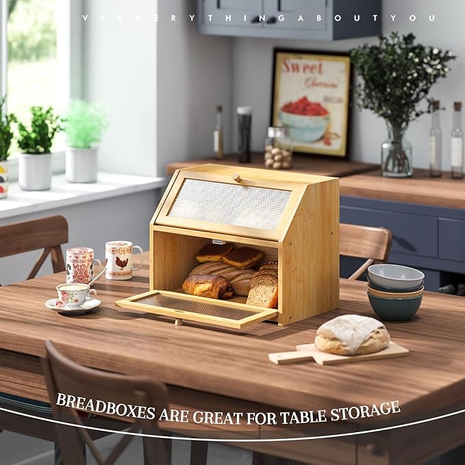 Bread Box for Kitchen Countertop Bin Double Layer Bread Box Storage Container Extra Large Capacity Farmhouse with Diamond Pattern Windows (Natural, Large)