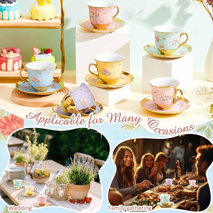 Set of 12 Tea Cups and Saucers Tea Party Decorations Floral Porcelain 5.4 oz British Gift for Women Birthday Party, Church, and Mother's Day (Vintage Style)