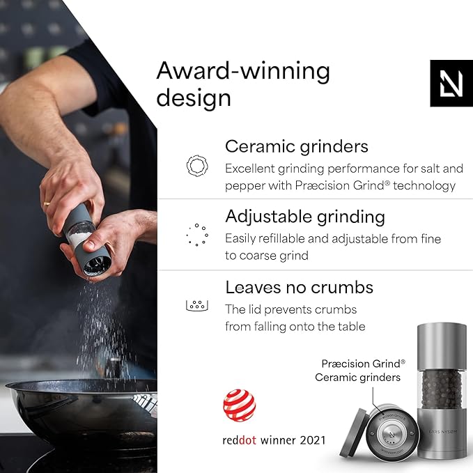LARS NYS횠M Salt and Pepper Grinder Set, Manual Salt and Pepper Mills with Adjustable Ceramic Grinder, Design Spice Shaker Set (Stainless Steel)