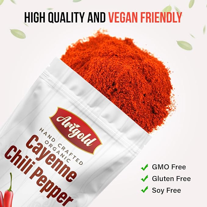 Arigold Organic Cayenne Pepper Powder - Hand Crafted Natural Hot Pepper - Ground Cayenne for Cooking - All-Natural, Non-GMO, Non-Irradiated, SHU 60,000-80,000 Heat, Resealable Bag, Vegan ??6 oz (170g)