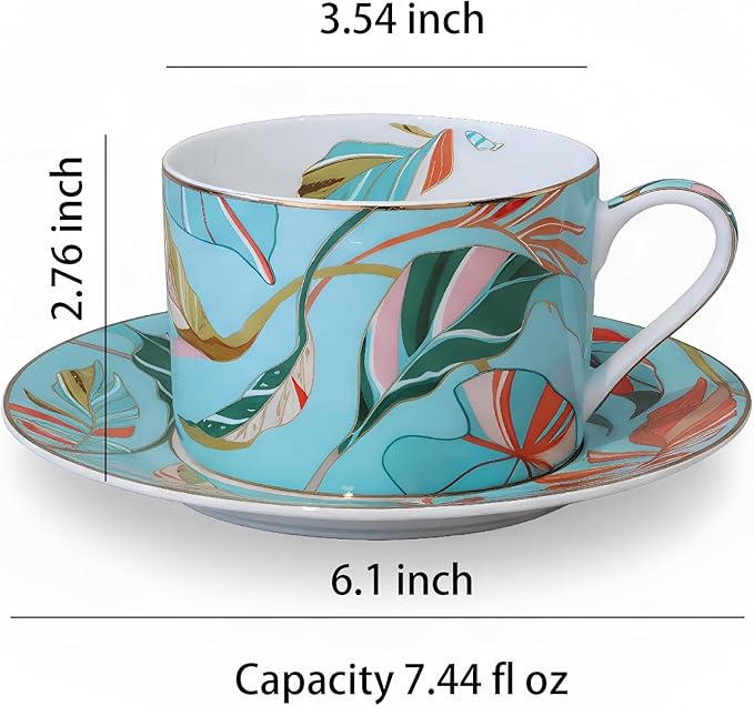Floral Tea Cup and Saucer Set, 7.44 fl oz Capacity, 3.54 x 2.76 x 6.1 inches, Tropical Leaf Pattern (green)