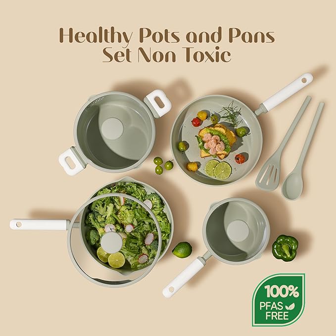 CAROTE Pots and Pans Set Nonstick, Ceramic Cookware Set, Green Cooking Set Kitchen Induction Set with Steamer, PFAS PTFE Free,9 Piece