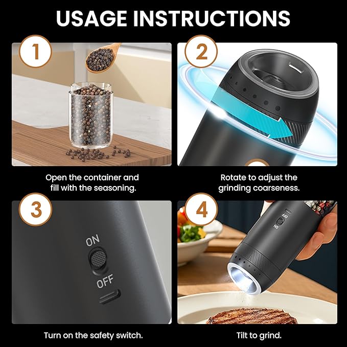 2 Pack Gravity Rechargeable Electric Salt and Pepper Grinder Set, Automatic Salt Pepper Shaker, LED Light One Hand Operation, Washable 176ML Container, Adjustable Coarseness, Black+White