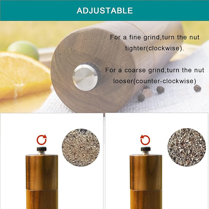 Wooden Salt and Pepper Grinder,8 Inch Manual Salt and Pepper Mill, Adjustable Coarseness and Refillable,Acacia Wood Pepper shakers for your kitchen