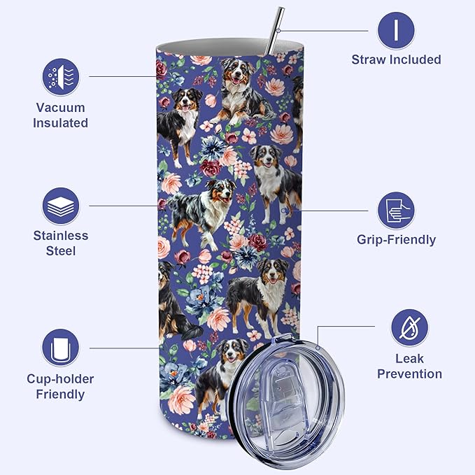 Yogusut Australian Shepherd Gifts for Women, 20oz Stainless Steel Insulated Tumbler Travel Mug Cup with Lid Straw Brush, Gifts for Dog Mom Dog Lover