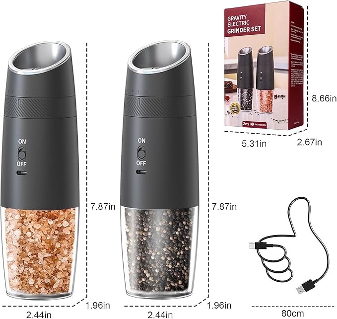 Electric Salt and Pepper Grinder Set ??Rechargeable Gravity Automatic Pepper Mill Gift Set with LED Light & 6 Adjustable Coarseness