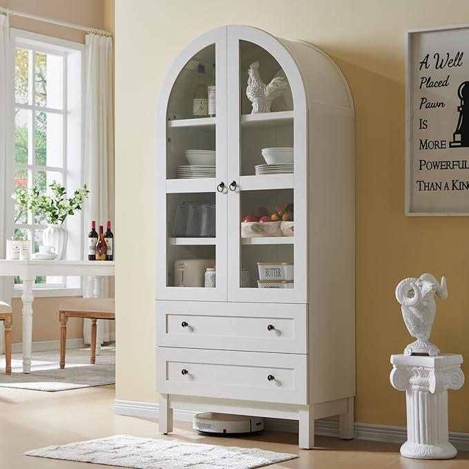 71" Tall Arched Kitchen Pantry Cabinet, Wood Kitchens Storage Cabinets with 2 Large Drawers and Adjustable Shelves, Modern Farmhouse Versatile Cupboard for Kitchen, Dining Room, Bathroom, White
