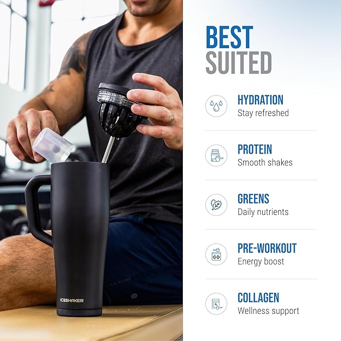Ice Shaker 40 oz Tumbler with Handle and Straw | 40oz Black | Cold for 30+ Hours | 2-in-1 Tumbler Shaker Bottle | Odor-Free 40 ounce Bottle for Water, Protein Shakes, Smoothies, Cocktails