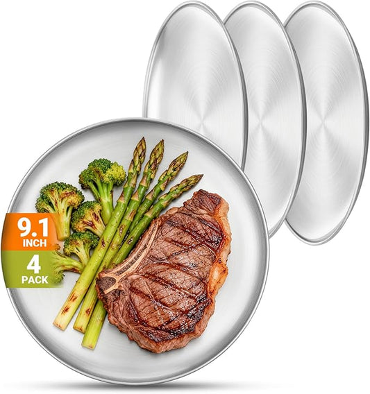 Metal Camping Plates, 4 Pack 9.1 inch Small 201 Stainless Steel Plates, Reusable Pizza Food Serving Snack Eating Salad Dishes Round Shatterproof Brushed Finish Silver Dish Oven Dishwasher Safe