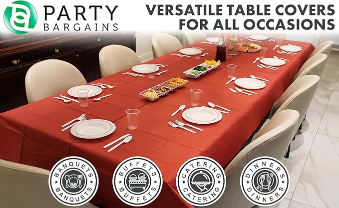 PARTY BARGAINS Disposable Table Covers, 54 x 108 Inch, Red, 3-Ply Paper & Plastic Spill-Resistant Party Tablecloths, 10 Pack