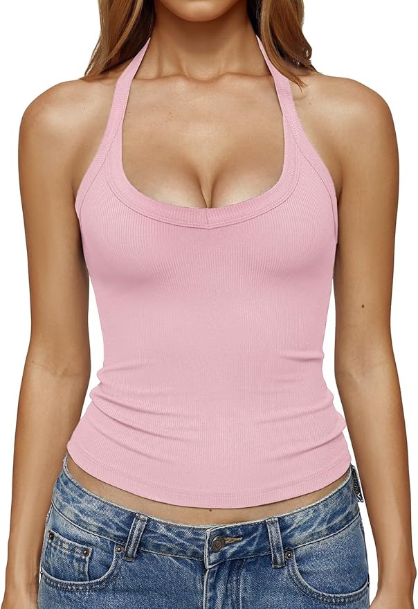 REORIA Womens Backless Halter Tank Top Sleeveless V Neck Fitted Camisole