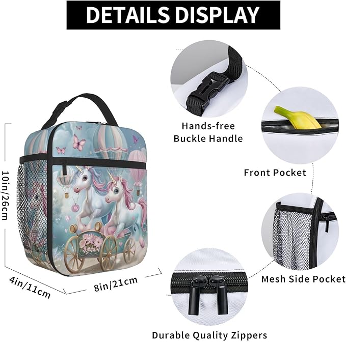 VANZEV Fantasy Unicorn Carriage Insulated Lunch Box Gifts for Kids Adults Hot Air Balloon and Butterfly Design Reusable Portable Lunchbox Cooler Lunchbag for Work Picnic School Travel or Hiking