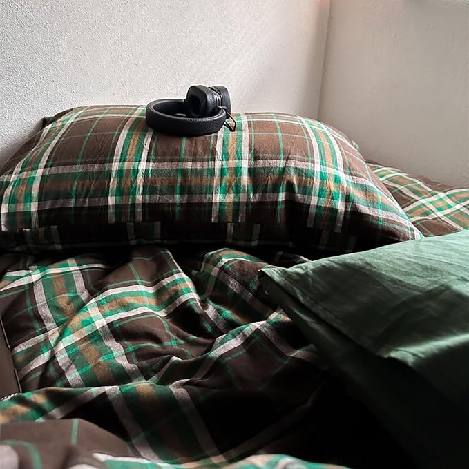 LifeTB Queen Comforter Set Brown Green Plaid Comforter Set, 3 Pieces Vintage Plaid Checkered Comforter with 2 Pillowcases, Fluffy Soft Breathable Grid Pattern Farmhouse Gingham Bedding Set Queen