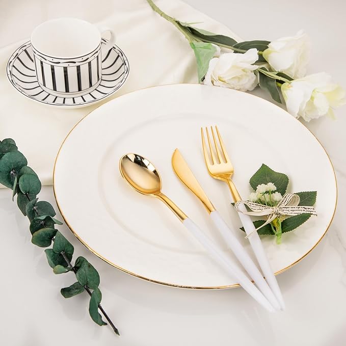 I00000 144Pcs Gold Plastic Silverware, Gold Plastic Utensils Set,Disposable Utensils Heavy Duty,Disposable Silverware Set Includes 48 Forks,48 Knives,48 Spoons for Wedding & Party