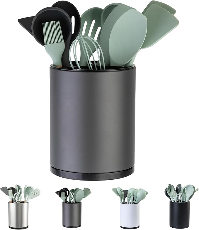Kitchen Utensil Holder Extra Large 360째Rotating For Counter Organizer Stainless Steel Storage Cooking Silverware Caddy 3 Compartment Flatware Spoon Spatula Tool Cutlery Container(Grey)