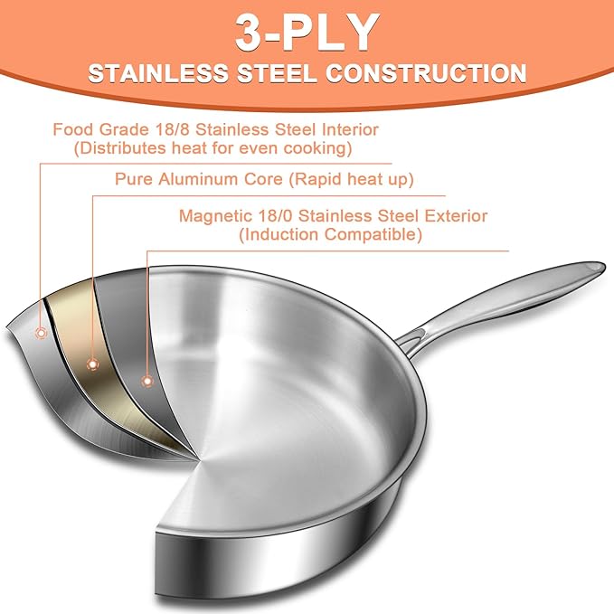 EWFEN 12 Inch Tri-Ply Stainless Steel Frying Pan, Deep Frying Pan with lids, Compatible with All Cooktops Up to 600?? Induction Cooking Pan, Dishwasher and Oven Safe, Fast & Even Heat
