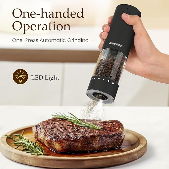 Rechargeable Electric Salt and Pepper Grinder Set, Adjustable Coarseness & LED Light, Stainless Steel Battery-Free Mill, Large Capacity, Gift Idea for Cooking - Black/White